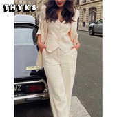 2023. aasta uued naiste bleiserikomplektid, moodne pika stiiliga kaherealine mantel Vintage V-kaelusega vest, laia säärega püksid, ülikonnad naistele kontorikomplekt