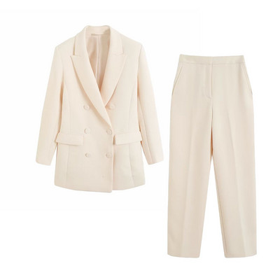 2023. aasta uued naiste bleiserikomplektid, moodne pika stiiliga kaherealine mantel Vintage V-kaelusega vest, laia säärega püksid, ülikonnad naistele kontorikomplekt