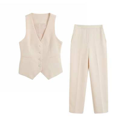 2023. aasta uued naiste bleiserikomplektid, moodne pika stiiliga kaherealine mantel Vintage V-kaelusega vest, laia säärega püksid, ülikonnad naistele kontorikomplekt