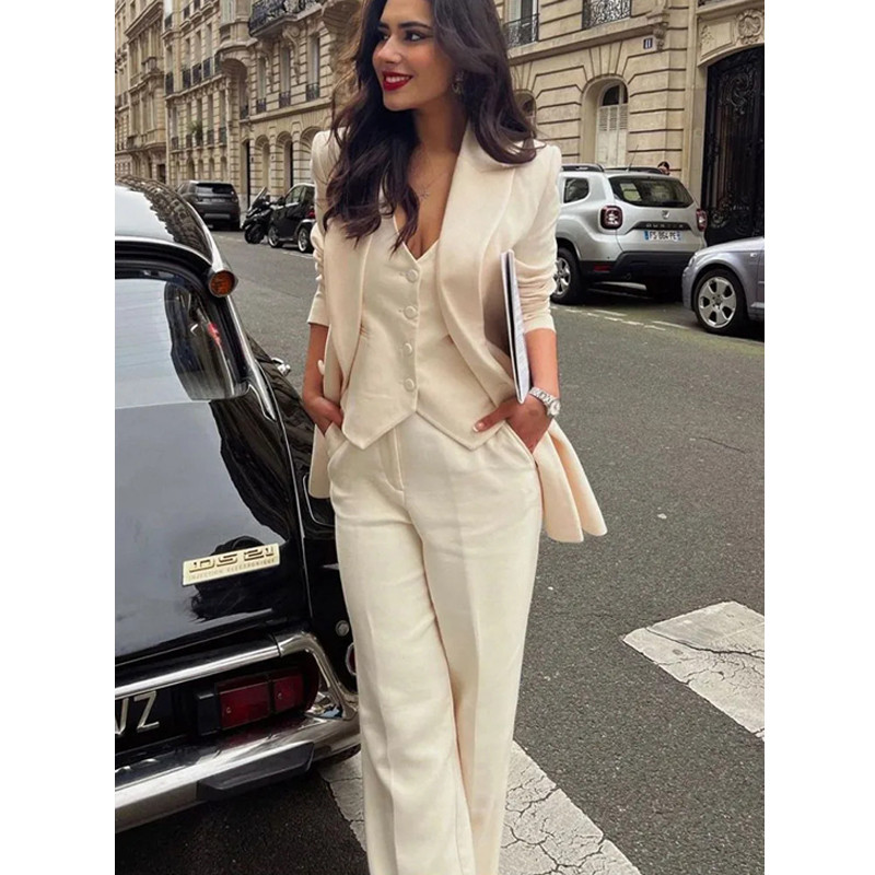 2023. aasta uued naiste bleiserikomplektid, moodne pika stiiliga kaherealine mantel Vintage V-kaelusega vest, laia säärega püksid, ülikonnad naistele kontorikomplekt