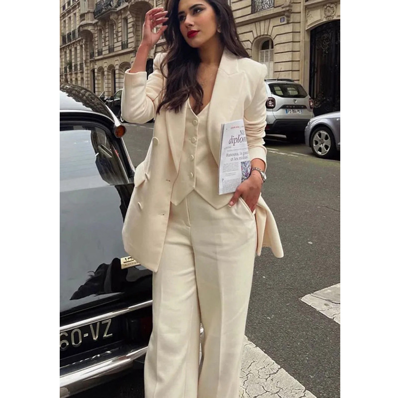 2023. aasta uued naiste bleiserikomplektid, moodne pika stiiliga kaherealine mantel Vintage V-kaelusega vest, laia säärega püksid, ülikonnad naistele kontorikomplekt