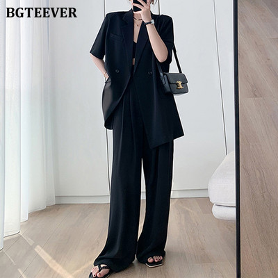 BGTEEVER Ljetne ženske hlače Odijela Jakne kratkih rukava i hlače širokih nogavica Ženska odjeća Elegantni ženski komplet sakoa od 2 komada