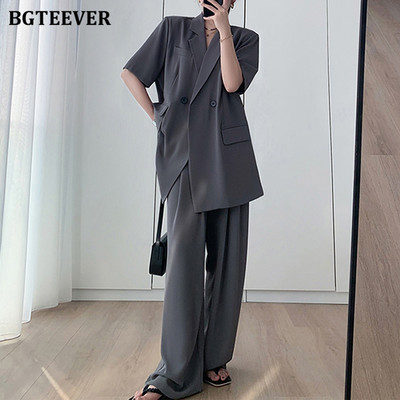 BGTEEVER Ljetne ženske hlače Odijela Jakne kratkih rukava i hlače širokih nogavica Ženska odjeća Elegantni ženski komplet sakoa od 2 komada