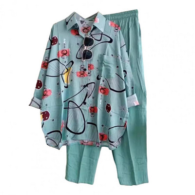 Bő szabású női öltöny, színes mintás női ing, nadrág szett hosszú ujjú blúzzal, széles szárú nadrág hétköznapi hölgyeknek