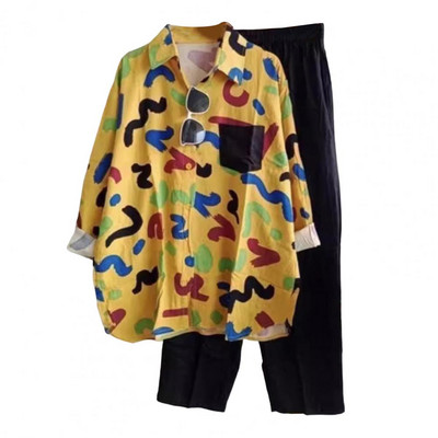 Bő szabású női öltöny, színes mintás női ing, nadrág szett hosszú ujjú blúzzal, széles szárú nadrág hétköznapi hölgyeknek