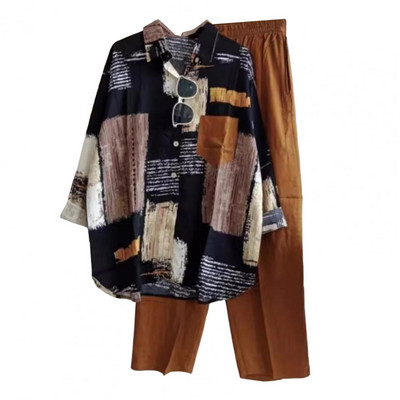 Bő szabású női öltöny, színes mintás női ing, nadrág szett hosszú ujjú blúzzal, széles szárú nadrág hétköznapi hölgyeknek