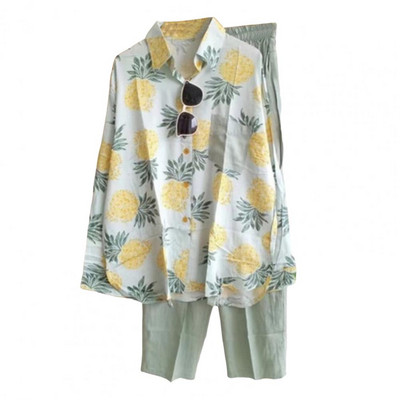 Bő szabású női öltöny, színes mintás női ing, nadrág szett hosszú ujjú blúzzal, széles szárú nadrág hétköznapi hölgyeknek