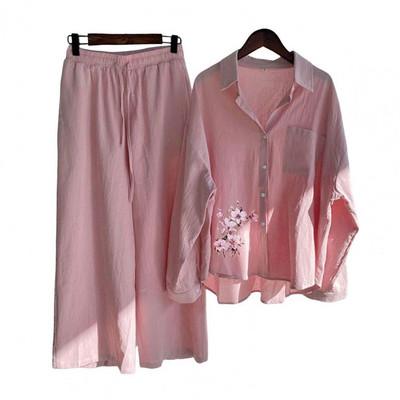 2tk/komplekt Naiste särk, püksid, ülikond, alla keeratav krae, pikkade varrukatega lilleline ülaosa, laia säärega püksid naiste särkpüksid, suvekomplekt