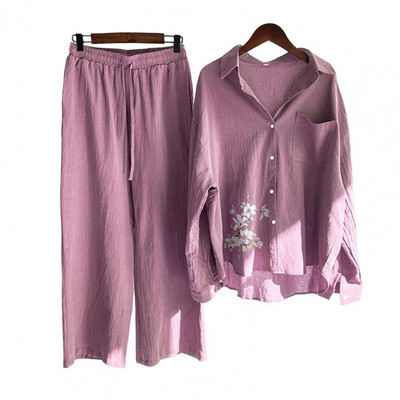 2tk/komplekt Naiste särk, püksid, ülikond, alla keeratav krae, pikkade varrukatega lilleline ülaosa, laia säärega püksid naiste särkpüksid, suvekomplekt