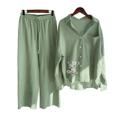 2tk/komplekt Naiste särk, püksid, ülikond, alla keeratav krae, pikkade varrukatega lilleline ülaosa, laia säärega püksid naiste särkpüksid, suvekomplekt