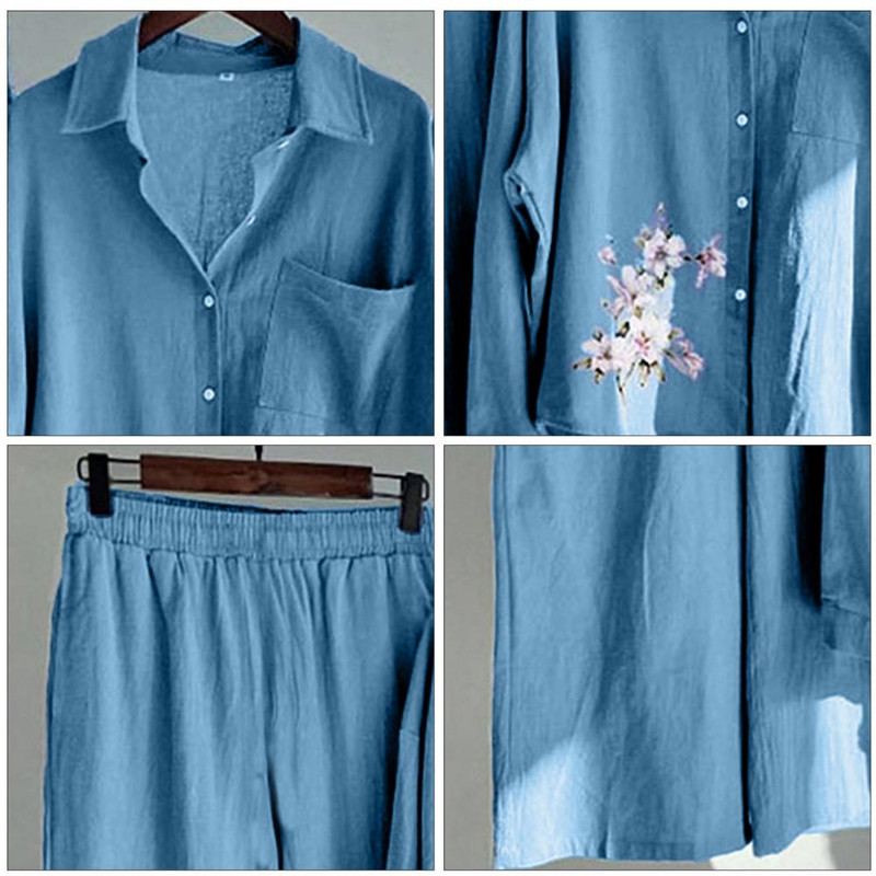 2tk/komplekt Naiste särk, püksid, ülikond, alla keeratav krae, pikkade varrukatega lilleline ülaosa, laia säärega püksid naiste särkpüksid, suvekomplekt