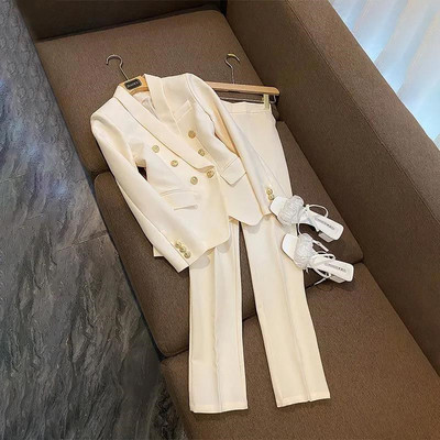 Naiste elegantne bleiserülikond, kahe rinnaga jakk-mantel, top ja püksid, kaheosaline komplekt, mis sobib kontorirõivastega.