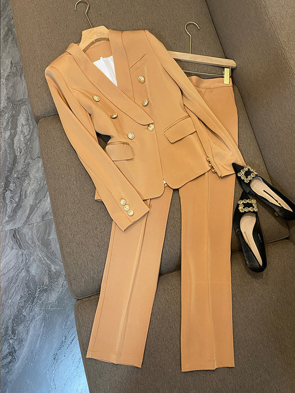 Naiste elegantne bleiserülikond, kahe rinnaga jakk-mantel, top ja püksid, kaheosaline komplekt, mis sobib kontorirõivastega.