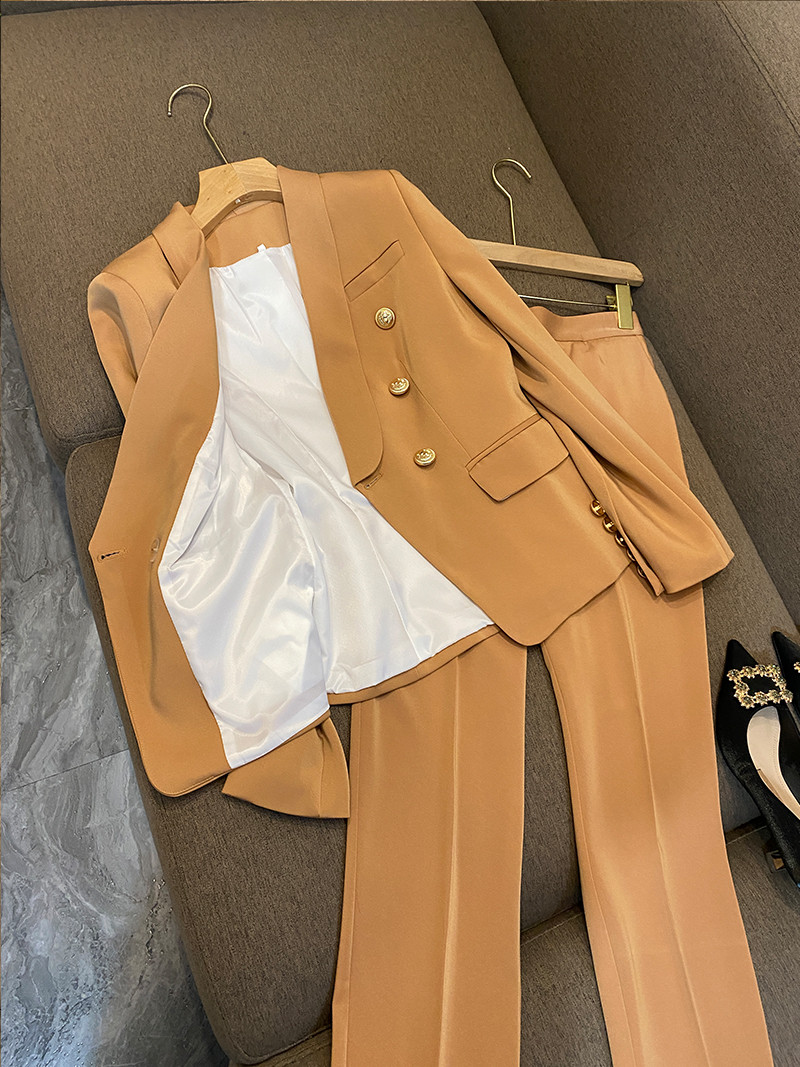 Elegáns női munkablézer öltöny, kétsoros kabát kabát felső és nadrág kétrészes szett, illő ruházat irodai női ruházat