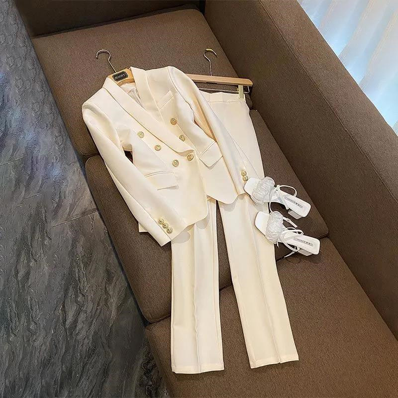 Naiste elegantne bleiserülikond, kahe rinnaga jakk-mantel, top ja püksid, kaheosaline komplekt, mis sobib kontorirõivastega.