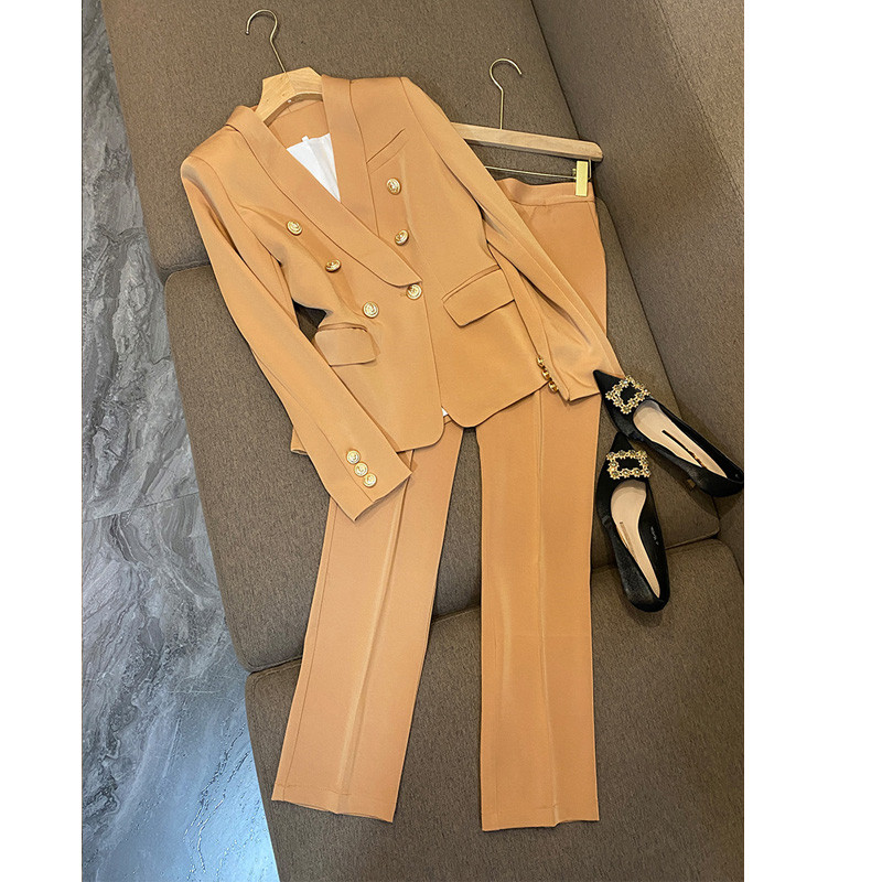 Naiste elegantne bleiserülikond, kahe rinnaga jakk-mantel, top ja püksid, kaheosaline komplekt, mis sobib kontorirõivastega.