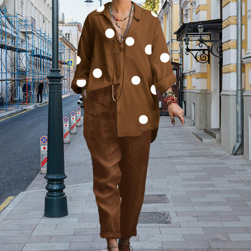 2db/szett hajtóka hosszú ujjú ing nadrág szett divat női tavaszi hosszú ujjú felszerelés pontmintás ing egyenes lábú hosszú nadrág szett