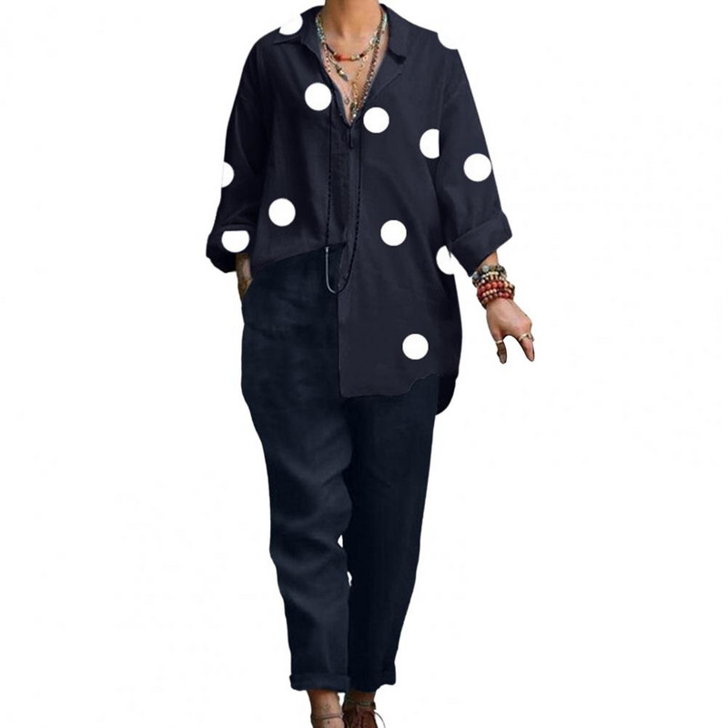 2db/szett hajtóka hosszú ujjú ing nadrág szett divat női tavaszi hosszú ujjú felszerelés pontmintás ing egyenes lábú hosszú nadrág szett