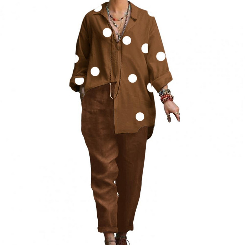 2db/szett hajtóka hosszú ujjú ing nadrág szett divat női tavaszi hosszú ujjú felszerelés pontmintás ing egyenes lábú hosszú nadrág szett