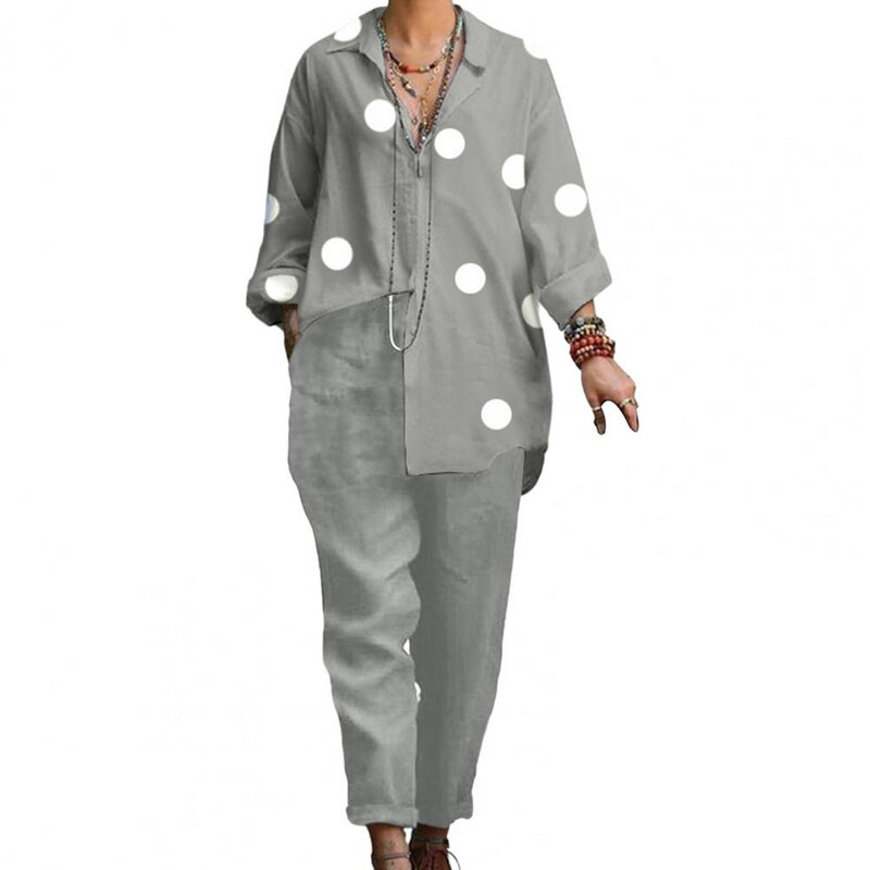 2db/szett hajtóka hosszú ujjú ing nadrág szett divat női tavaszi hosszú ujjú felszerelés pontmintás ing egyenes lábú hosszú nadrág szett