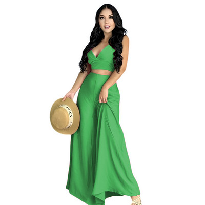 Euroopa ja Ameerika naisteriiete kaheosaline komplekt ühevärvilise traksevestiga, kõrge vöökohaga sisetasku, laiad püksid