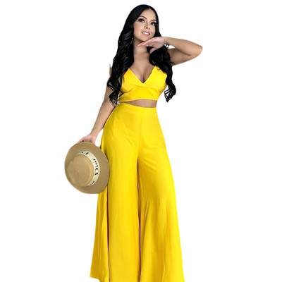 Euroopa ja Ameerika naisteriiete kaheosaline komplekt ühevärvilise traksevestiga, kõrge vöökohaga sisetasku, laiad püksid