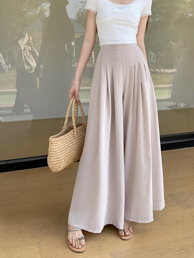 Női 2024 új tavaszi nyár széles szárú redőzött hosszú nadrág tömör, magas derékú, alkalmi női vékony, bő egyenes nadrág Egyszerűség