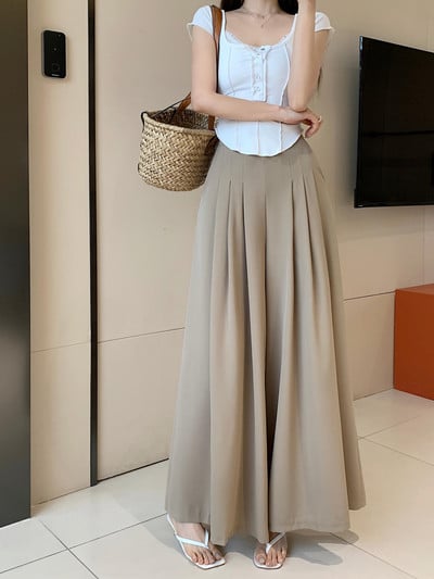 Női 2024 új tavaszi nyár széles szárú redőzött hosszú nadrág tömör, magas derékú, alkalmi női vékony, bő egyenes nadrág Egyszerűség