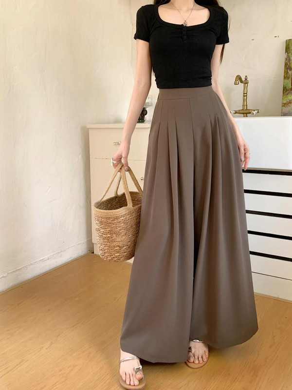 Női 2024 új tavaszi nyár széles szárú redőzött hosszú nadrág tömör, magas derékú, alkalmi női vékony, bő egyenes nadrág Egyszerűség