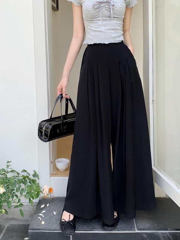 Női 2024 új tavaszi nyár széles szárú redőzött hosszú nadrág tömör, magas derékú, alkalmi női vékony, bő egyenes nadrág Egyszerűség