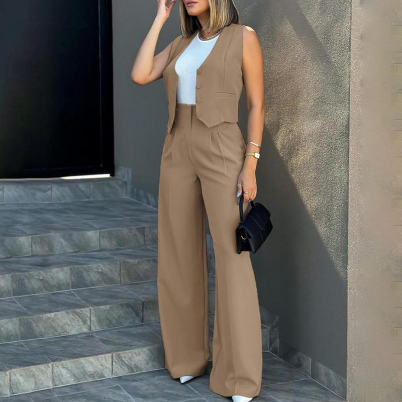 Costum pentru femei Vestă pentru femei Set de pantaloni largi pentru damă elegantă cu vestă fără mâneci Pantaloni lați pentru femei cu talie înaltă pentru la modă