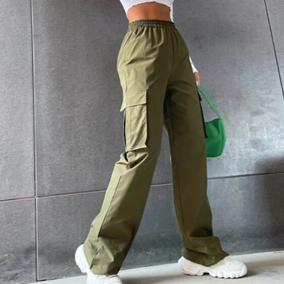 Pantaloni casual pentru femei, la modă, salopete solide, buzunare, cu talie înaltă, talie elastică, pantaloni cargo largi, îmbrăcăminte de stradă, pantaloni de înaltă calitate