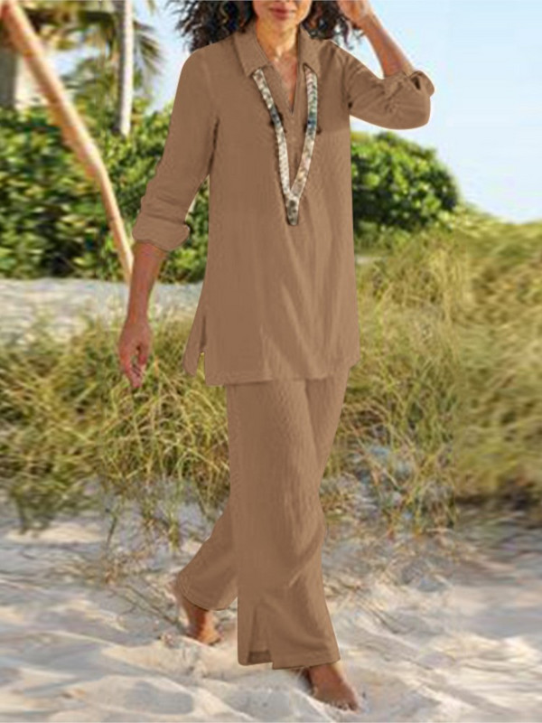 Brīvi ikdienas bikšu komplekti sievietēm 2023. gada rudenī, jauni, vienkrāsaini kokvilnas un lina divdaļīgie sieviešu uzvalki ar garām piedurknēm