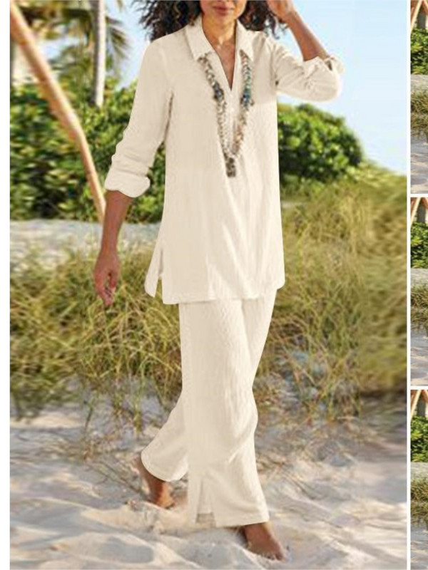 Brīvi ikdienas bikšu komplekti sievietēm 2023. gada rudenī, jauni, vienkrāsaini kokvilnas un lina divdaļīgie sieviešu uzvalki ar garām piedurknēm