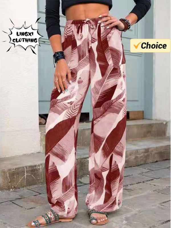 2024. gada vasaras modes jauni sporta sieviešu bikses, apdrukātas brīvdienu stila brīvā laika sieviešu bikses ar elastīgu jostasvietu, savilkšanas aukliņu