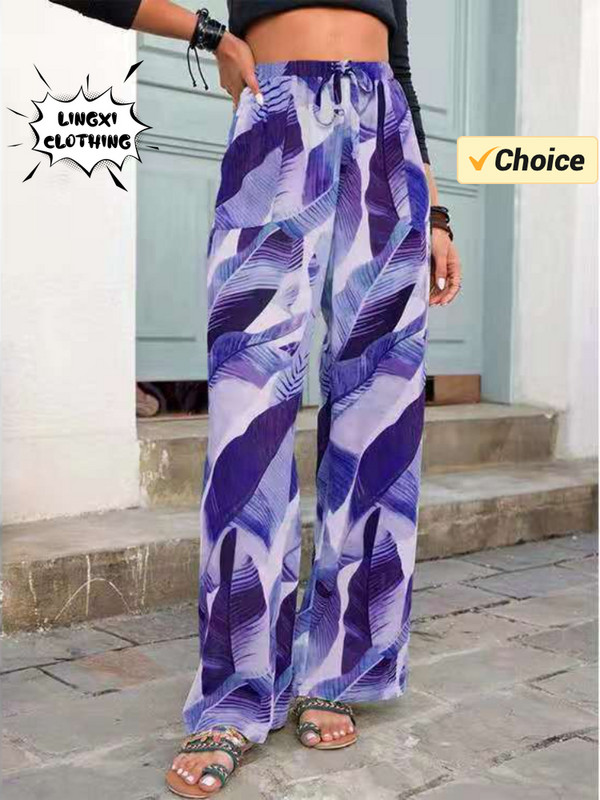 2024. gada vasaras modes jauni sporta sieviešu bikses, apdrukātas brīvdienu stila brīvā laika sieviešu bikses ar elastīgu jostasvietu, savilkšanas aukliņu