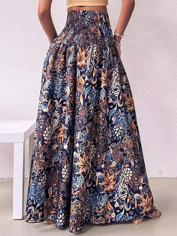 Boho Floral Print Shirred Ψηλόμεσο Φαρδύ Παντελόνι Γυναικείο 2024 Ιδιοσυγκρασία Ελαστική Ψηλόμεση Κούνια Μακρύ Παντελόνι Y2k Streetwear