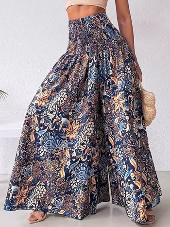 Boho Floral Print Shirred Ψηλόμεσο Φαρδύ Παντελόνι Γυναικείο 2024 Ιδιοσυγκρασία Ελαστική Ψηλόμεση Κούνια Μακρύ Παντελόνι Y2k Streetwear