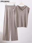 Koo kapuutsiga varrukateta kampsunid komplektid naiste suvised vabaaja jääsiidist kudumid T-topsid Ülikonnad Kõrge vöökohaga laiad püksid Conjunto