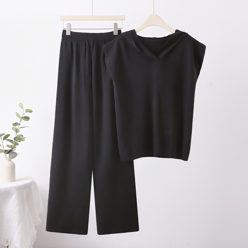 Koo kapuutsiga varrukateta kampsunid komplektid naiste suvised vabaaja jääsiidist kudumid T-topsid Ülikonnad Kõrge vöökohaga laiad püksid Conjunto