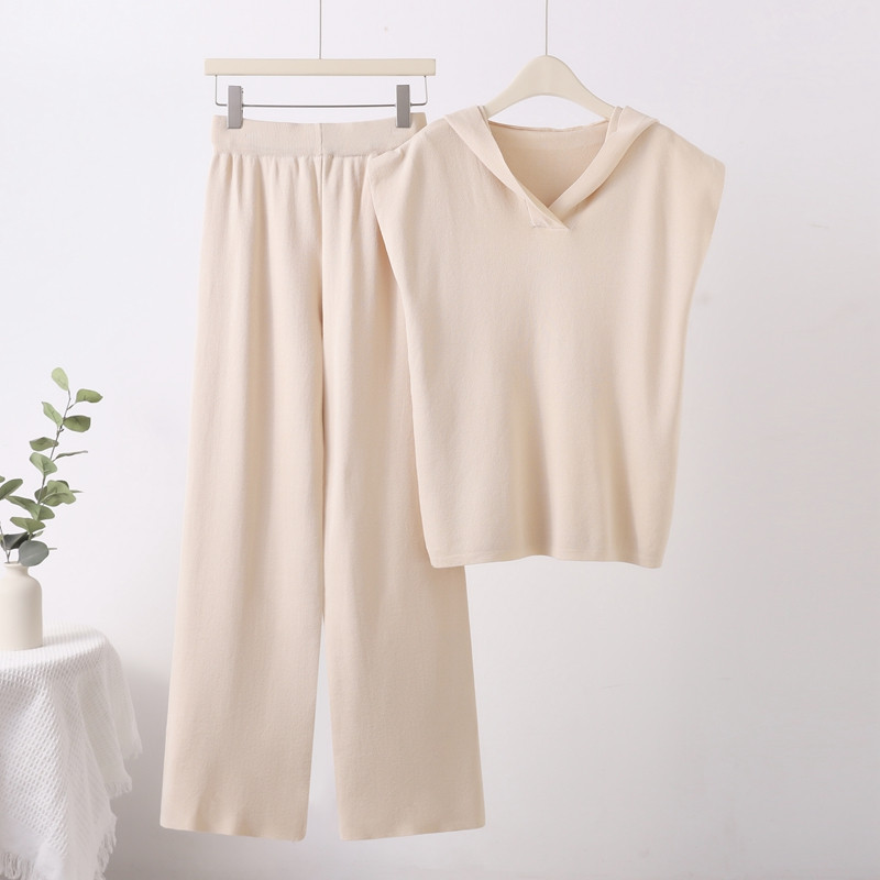 Koo kapuutsiga varrukateta kampsunid komplektid naiste suvised vabaaja jääsiidist kudumid T-topsid Ülikonnad Kõrge vöökohaga laiad püksid Conjunto