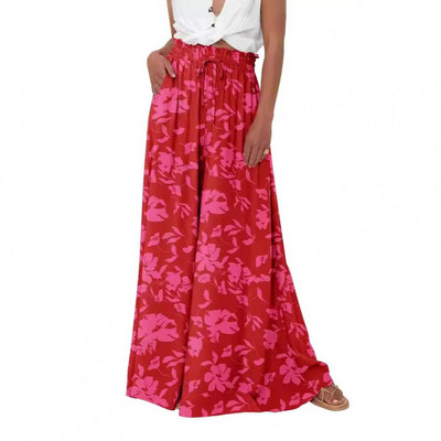 Sieviešu bikses ar platu kāju ar augstu vidukli Elastīgas apdrukātas Palazzo bikses ar kabatām jostasvietas aukliņu ikdienišķas atpūtas bikses