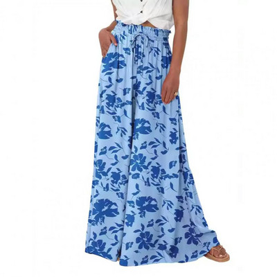 Sieviešu bikses ar platu kāju ar augstu vidukli Elastīgas apdrukātas Palazzo bikses ar kabatām jostasvietas aukliņu ikdienišķas atpūtas bikses