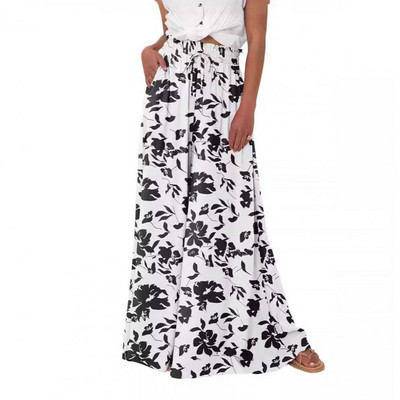Sieviešu bikses ar platu kāju ar augstu vidukli Elastīgas apdrukātas Palazzo bikses ar kabatām jostasvietas aukliņu ikdienišķas atpūtas bikses