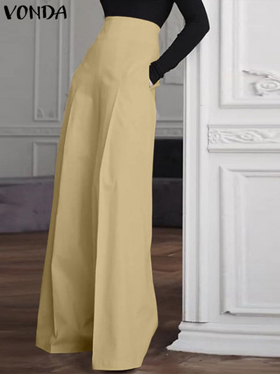 Suvised naiste elegantsed kontoripüksid VONDA 2023 Mood kõrge vöökohaga laia säärega püksid Tõmblukk vabaaja soliidne Pantalon Long Palazzo