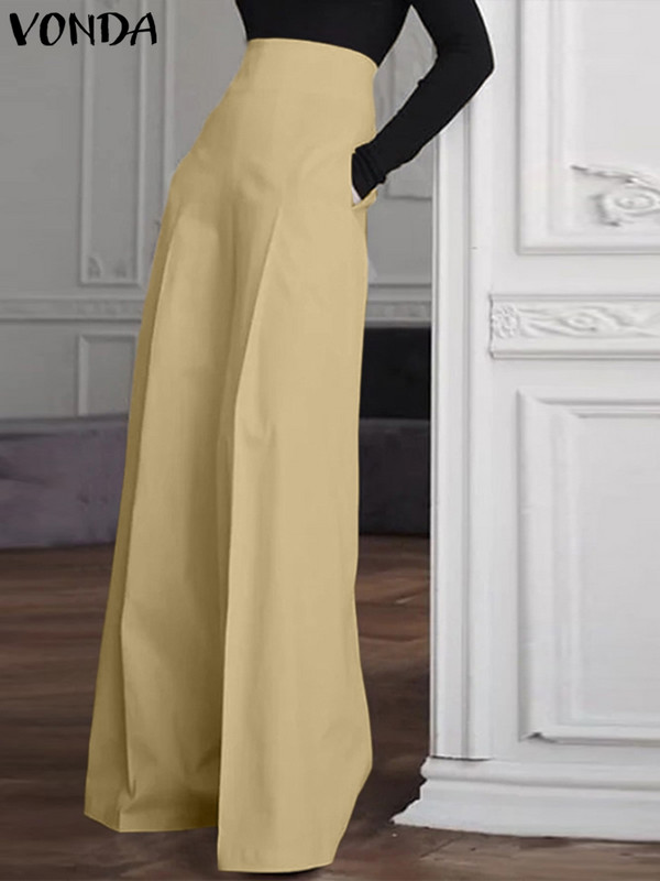 Suvised naiste elegantsed kontoripüksid VONDA 2023 Mood kõrge vöökohaga laia säärega püksid Tõmblukk vabaaja soliidne Pantalon Long Palazzo
