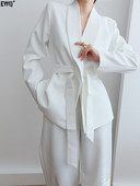 [EWQ] Elegáns blézer hornyolt nyakú kabát, hosszú ujjú, kiváló minőségű irodai női öltöny, 2 részes szett, hosszú ujjú, bő öves blézer