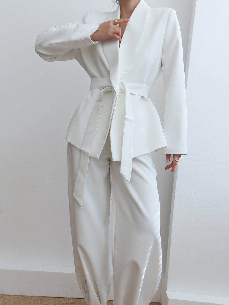 [EWQ] Elegáns blézer hornyolt nyakú kabát, hosszú ujjú, kiváló minőségű irodai női öltöny, 2 részes szett, hosszú ujjú, bő öves blézer