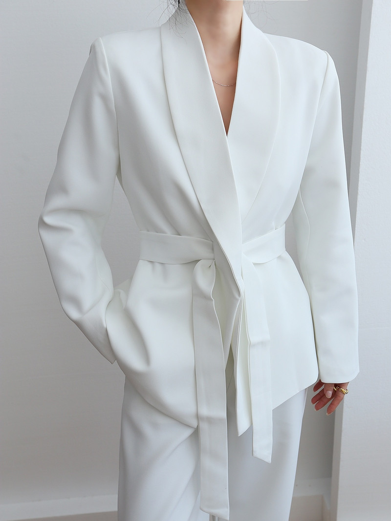 [EWQ] Elegáns blézer hornyolt nyakú kabát, hosszú ujjú, kiváló minőségű irodai női öltöny, 2 részes szett, hosszú ujjú, bő öves blézer