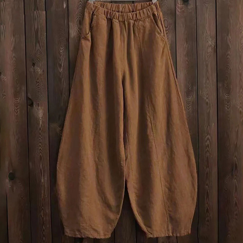 2023. tavaszi nyár, pamutvászon stílusú Bloomers széles szárú nadrágok, női vintage, teljes hosszúságú elegáns nadrágok tömör elasztikus derékrész S-5XL